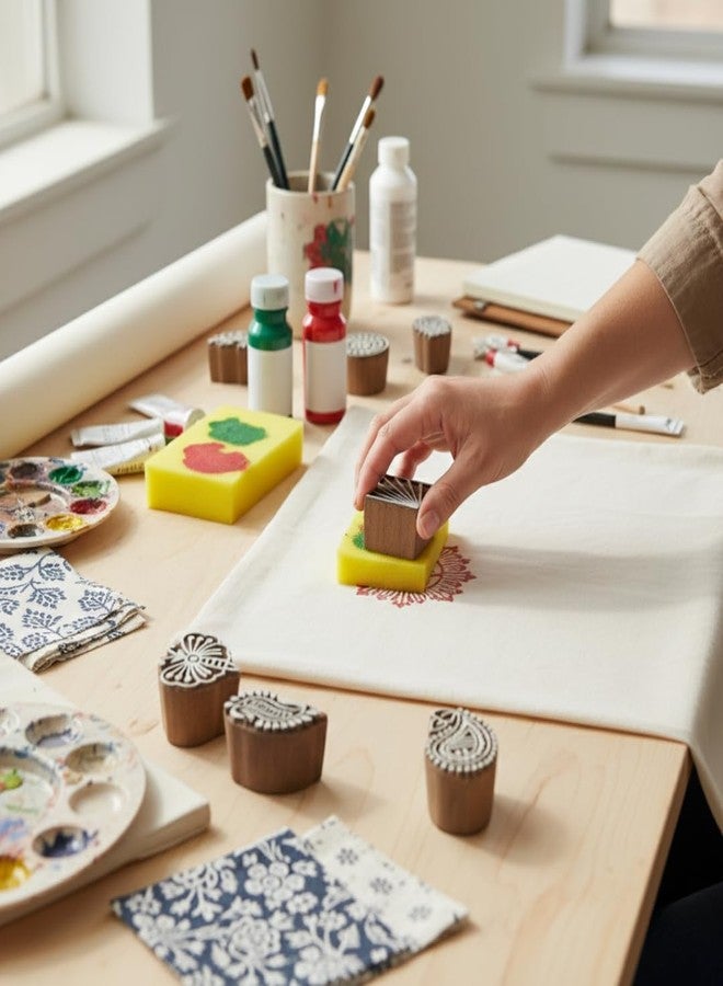 KHUSHA CREATIONS Wooden Block Printing Kit for Fabric Paper and Craft Handmade Wooden Stamps Set with Fabric Paints and Sponge DIY Textile Printing and Art Craft Tool (Any 5 Designs) - Image 3